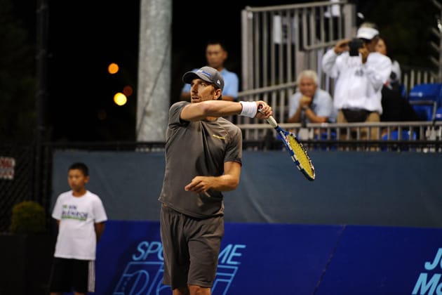 Lundqvist practices his shot at the Johnny Mac Tennis Project Benefit in August 2014 in New York City.